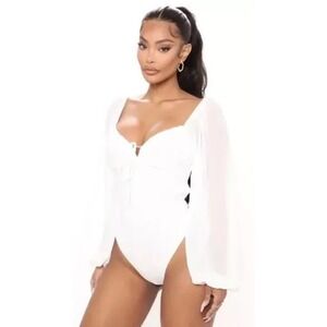 Fashion Nova White Bodysuit Sheer Balloon Sleeve Tie Back‎ Lingerie Size Small